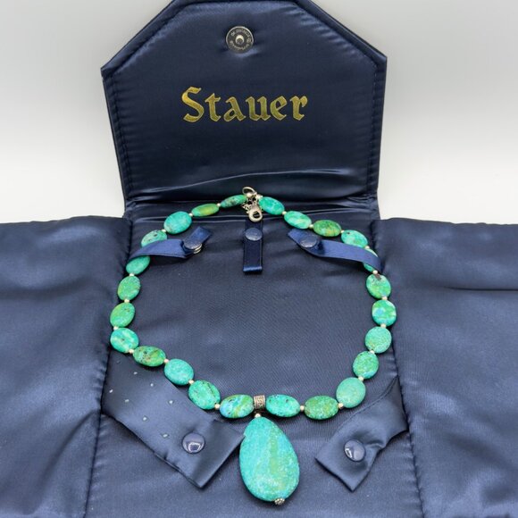 Vintage Stauer Sterling Silver Chrysocolla Pendant Necklace Green Aqua Drop 20"L - Picture 2 of 13